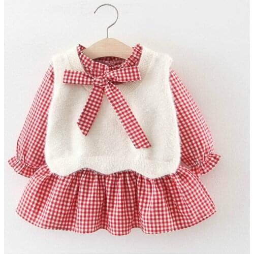 Infantil Vestido Baby Girl Dress Autumn Winter Fashion Girl Plaid Dress With Knitted Vest Clothes Sets Infant Toddler Dress