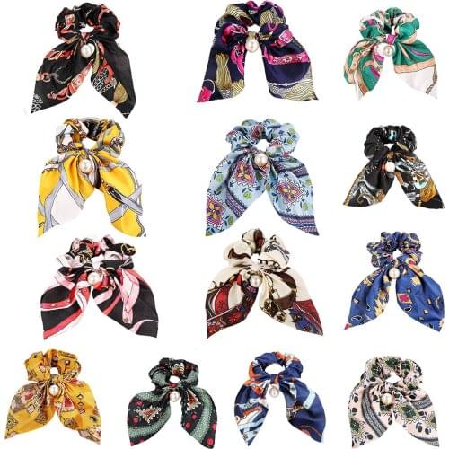 Floral Print Scrunchie Silk Elastic Hair Band For Women Girls Fashion New Bohemian Hairscarf Bows Hair Ties Hair Accessory
