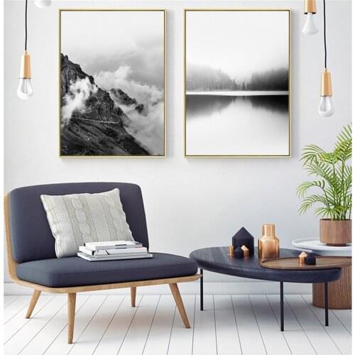 Nordic Black and White Mountain Forest Quiet Lake Bird Simple Modern Home Decoration Canvas Painting Bedroom Background Wall Art