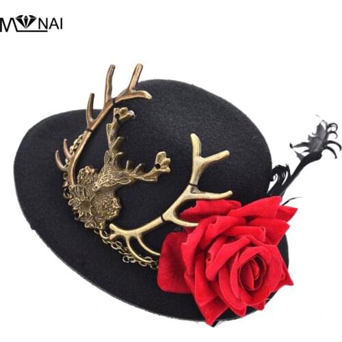 Vintage Retro Handmade Mini Hat Steampunk Alice Wonderland Deer Head Headdress Rose Hair Accessories Gothic
