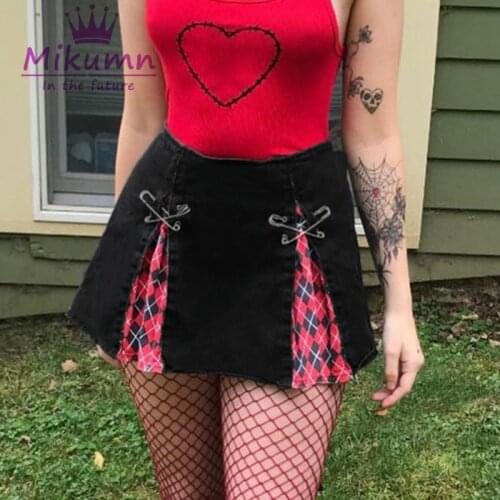 Harajuku Gothic Black Plaid Patchwork High Waist Sexy Mini Skirt Women Summer Punk Fashion Short Skirts Chic Streetwear