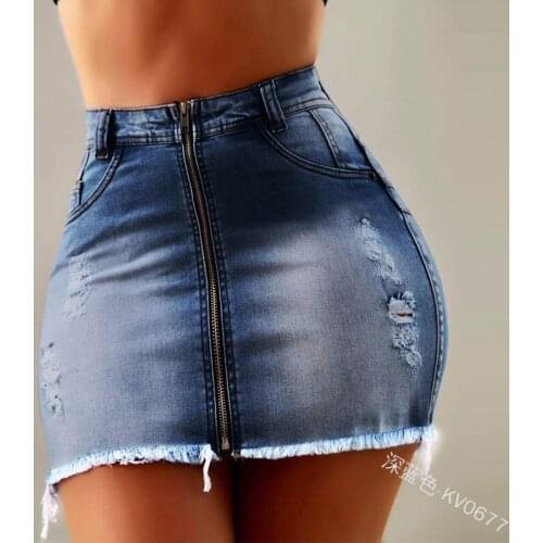 WEPBEL Womens Summer Gradient Skirt Casual High Waist Sexy Hole Zip Pencil Denim Mini Skirt