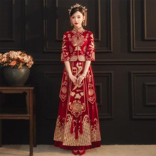 Women Long Dragon Phoenix Embroidery Cheongsam Chinese Traditional Wedding Dress Elegant Bride Vintage китайская одежда