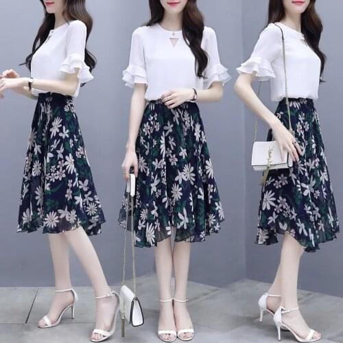 Women Summer Suit Short Sleeve Chiffon T-shirt Tops & printing Chiffon Skirt Two piece Set Female New Two-piece Ladies Outfit