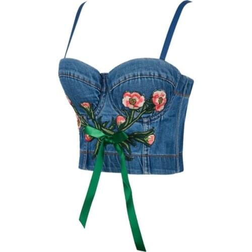 2021 Summer Womens Retro Washed Denim Bustier Bra Ribbon Bow Embroidery Floral Camisole Vest Sexy Strap Corset Crop Tops