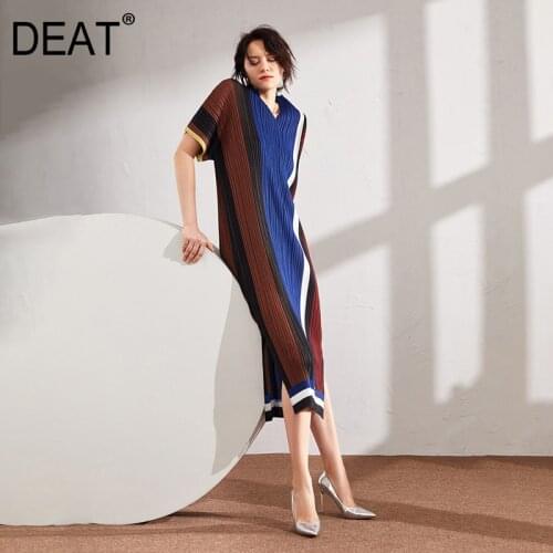 DEAT Pleated Woman Dress Hit Color Striped Split Dresses Short Sleeve V Collar Elegant Office Lady 2021 New Summer Fashion HT607
