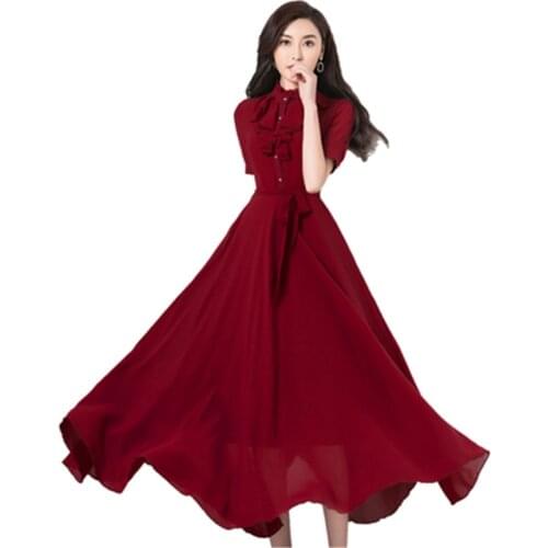 2020 Korean summer new elegant fashion cheongsam improved solid color simple temperament long swing chiffon dress