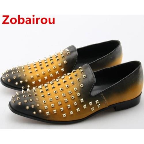 Zobairou sapato social masculino black gold mens dress shoes casamento genuine leather rivets design shoe lasts slipon oxford