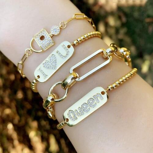2021 Fashion White CZ Love Lock Sliced Letters Shape Jewelry For Women Charm Gold Copper Dainty Link Adjustable Bracelet Gift