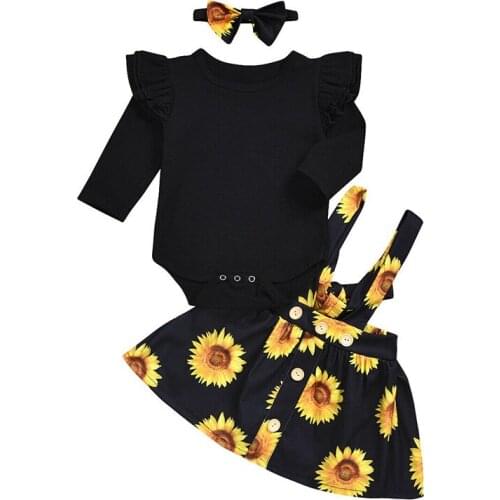 Free shipping Newborn Kids Baby Girl Clothes solid Ruffle Bodysuit strap Button Flower print skirts bow Headband 3pc cute Outfit