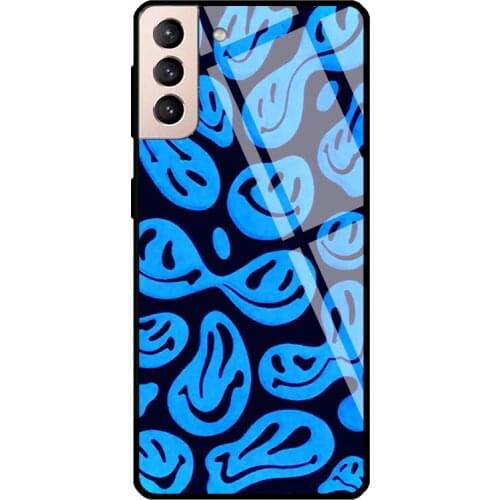 Blue trippy smiley face Tempered Glass Case For Samsung Galaxy S10 Plus Note 10 S8 S9 S20 FE S21 Note 20 Ultra