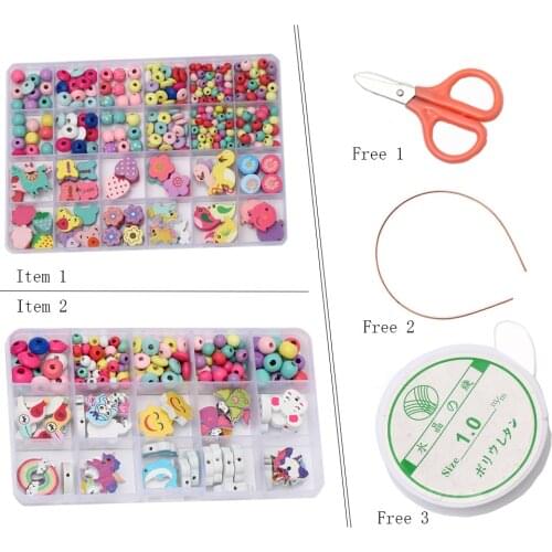 2 Style Box Mixed-Color Natural Wood Beads Children Teething Educational Toy DIY Wooden Beads for Jewelry Necklace Making Sets