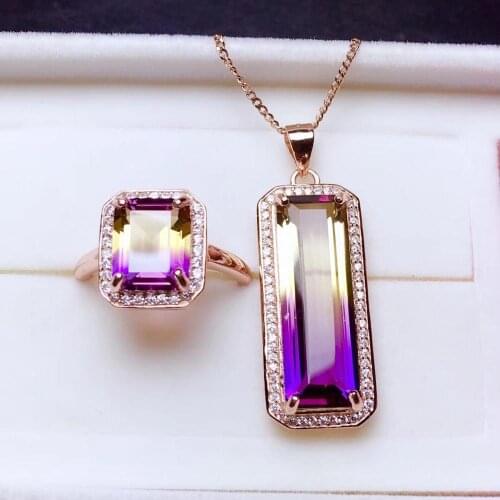 Big size purple yellow gemstone Ring and necklace jewelry set for women silver ornament birthday party anniversary gift good cut