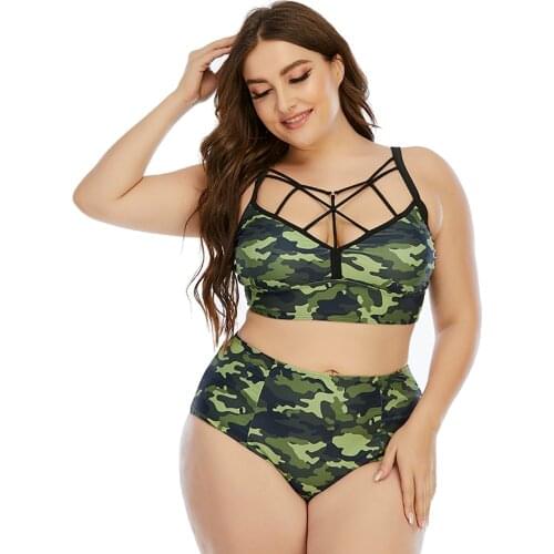 Camouflage Print Plus Size Tankini Bikini Set Two Piece Swimsuit Sexy String Bathing Suit Women High Waist Swimwear Beach Wear