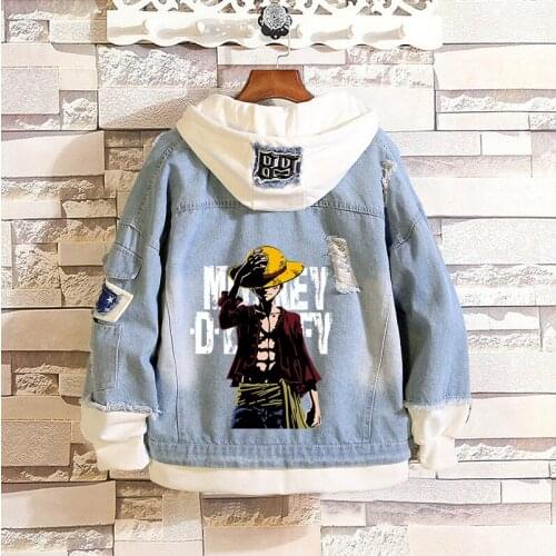 New One Piece Anime Denim Hooded Jacket Luffy Hoodies Sweatshirt Tops Men Women Halloween Cosplay Costume Coats