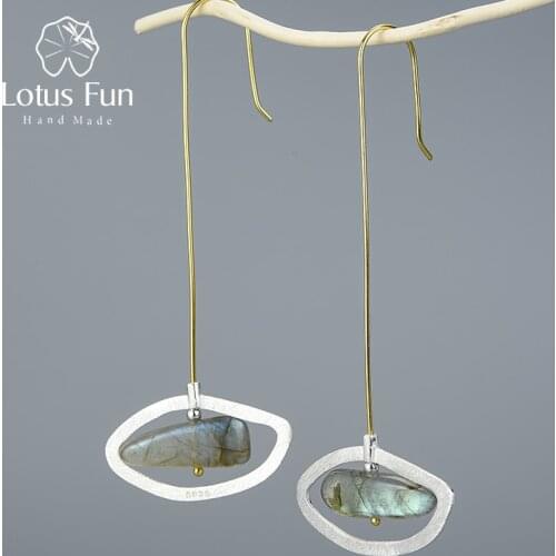 Lotus Fun Real 925 Sterling Silver Natural Labradorite Fine Jewelry Rotatable Eyes of the World Long Dangle Earrings for Women