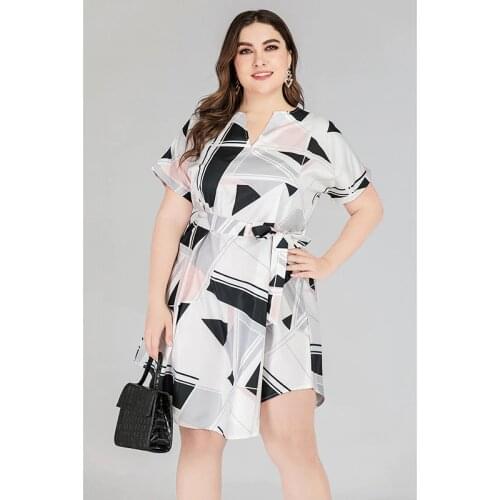 PlusSister Mini Dresses Plus Size Casual V Neck Woman Summer Beach Dress 2021 Empire Cotton A-line Sashes Geometric New Sukienka