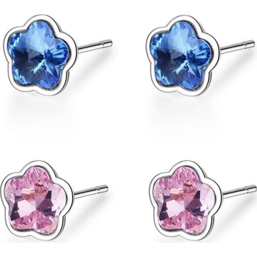 KOFSAC Fashion 925 Sterling Silver Stud Earrings For Women Charming Cute Colored Crystal Small Flower Earring Jewelry Girl Gifts