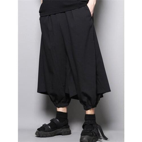 Mens new dark Yamamoto style hip hop fake two cropped pants fashion trend personality loose large casual pants skirt