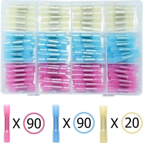 200 PCS Heat Shrink Butt Connectors Crimp Connector Kit Electrical Insulated Wire Terminals Waterproof Butt Splices
