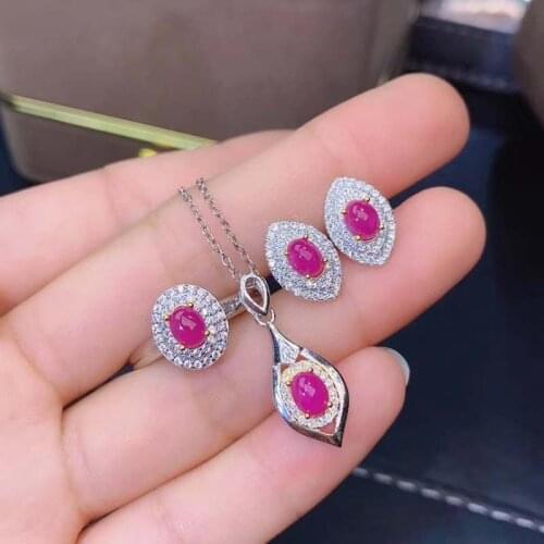 S925 Silver Natural Pink Ruby Jewelry Sets for Women Party Necklace Earrings and Ring Fine Jewelry Real Red gemstones Gifts 4*5