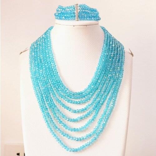 Sky blue crystal glass 4*6mm beads fashion diy jewelry set 8 rows chain necklace 5 rows bracelets for women gifts 17-26inch B854