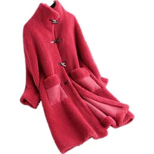 2020 New Winter Womens Mid-Length Coat Large Grain Wool Sheep Sheared Fur Stand Collar Horn Button European And American Jacket