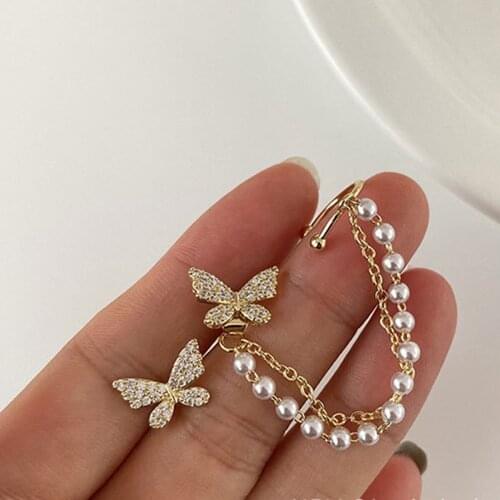 Butterfly Fairy Earring For Women Simple Pearl Chain Tassel Ear Ear Bone Clip 2021 Personality Fashion Alloy Rhinestone Jewelry