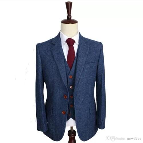 Wool Blue Herringbone Retro gentleman custom made Mens suits tailor suit Blazer suits for men 3 piece (Jacket+Pants+Vest)