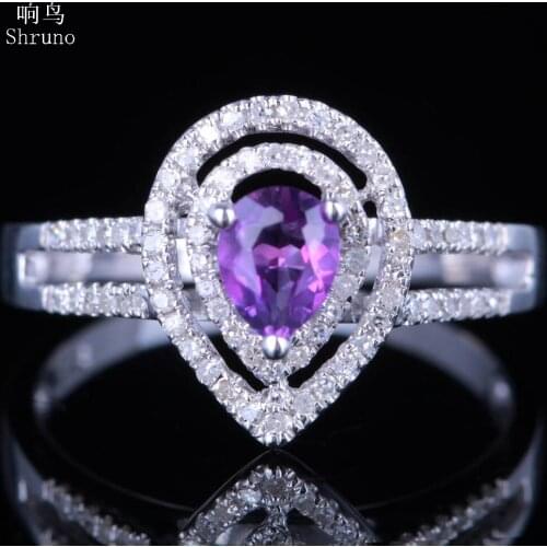 Shruno Solid 10K White Gold Flawless Oval 5x4mm Natural Genuine Amethyst Diamonds Engagement Wedding Ring Women Fine Jewelry