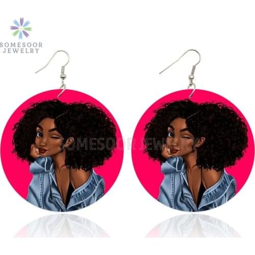 SOMESOOR Vintage Black Pink Curly Girl Afro Wood Drop Earrings African Natural Hair Design Wood Pendant Dangle For Women Gifts