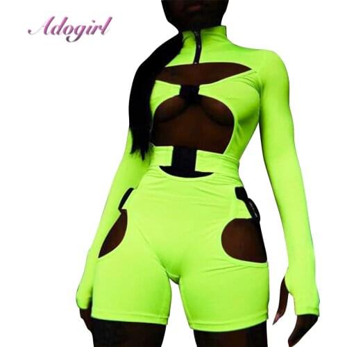 Fitness Sportwear Rompers Casual Neon Color Long Sleeve Cut Out With Waist Band Party Club Jumpsuit Outfit Streetwear Playsuit