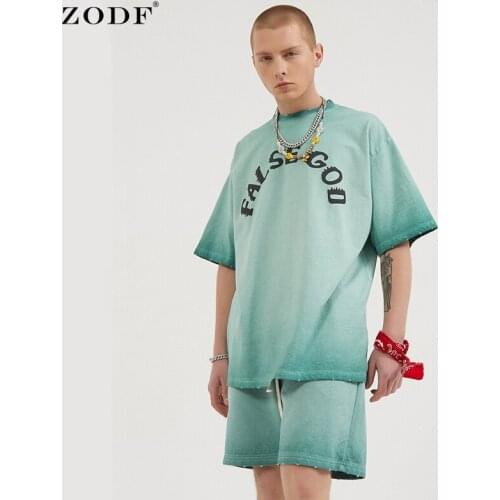 ZODF Vintage Mens Summer 100% Cotton T Shirts Kanye Style Loose Unisex Foaming Printing High Street Tees Brand New HY0249