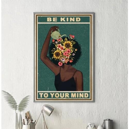 Vintage Poster Painting Black Girl Mental Health Mental Be Kind To Your Mind Positive African Woman Vintage Home Decor
