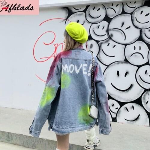 Vintage Graffiti Women Denim Jacket 2020 Spring New Loose Korean Personality Streetwear Turn-Down Collar Denim Jacket Female