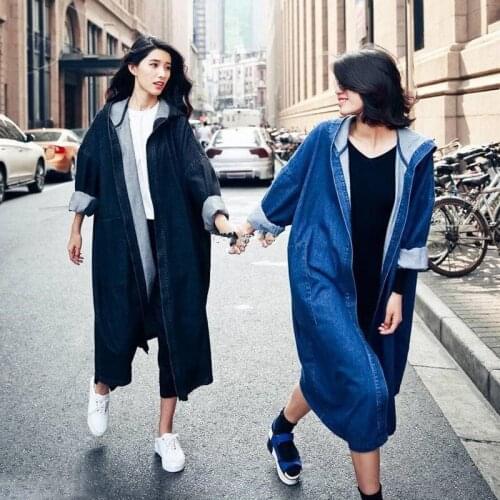New 2020 Spring Autumn Denim Windbreaker Women Long Hoody Loose Trench Coat For Women Casual Black Black Overcoat Outwear LX2623
