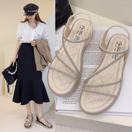 Womens Rhinestone Flat Sandals 2021 Summer New Fashion Soft Sole Roman Beach Shoes