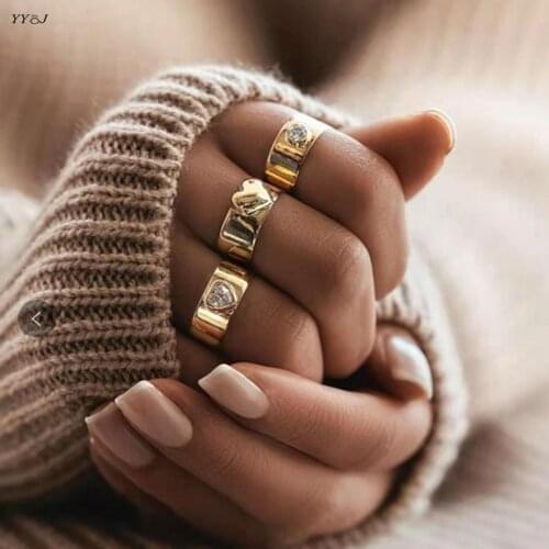CZ heart wide band rings for women stainless steel gold rings stackable punk isimple wholesale accessories for women