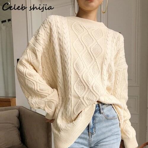 Argyle Sweaters for Woman O-neck Fall New Oversized Knitting Jumper Female Autumn Long-sleeve Vintage Thicken Pullover Winter