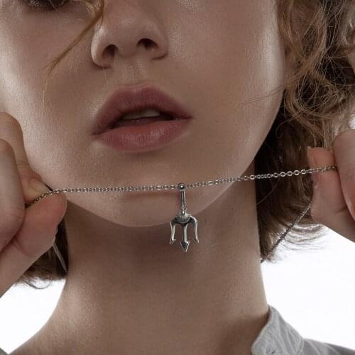 Danity Neptunes Trident Necklace Pendant for Women Stainelss Steel Long Chain Link 24" Unisex Jewelry