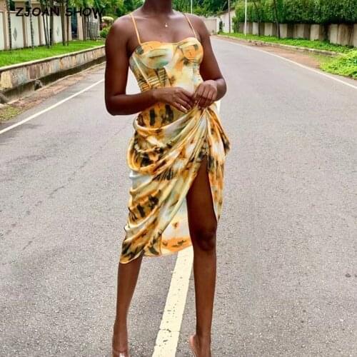2020 Women Vintage Yellow Tie dye Flower print Spaghetti Strap Dress Hem Slim Waist Slit Irregular Long Dresses Vestido