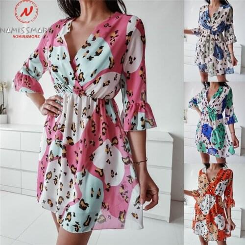 Women Summer Leopard Print A-Line Dress Patchwork Design Ruffles Decor V-Neck Butterfly Half Sleeve High Waist Casual Mini Dress