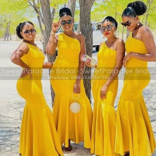 Gold Yellow One Shoulder Bridesmaid Dresses 2021 Sleeveless Mermaid Women Long Formal Maid Of Honor Bridal Party Dress