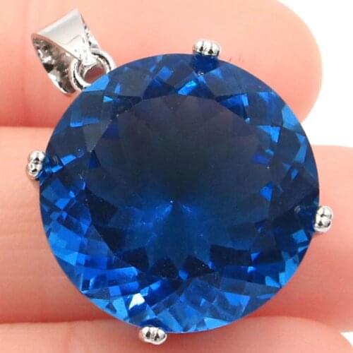 30x20mm SheCrown Hot Sell Big Round Jewelry Set Created London Blue Topaz For Womans Daily Wear Silver Pendant Earrings