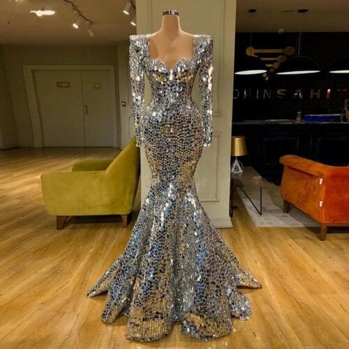Sparkly Sequin Silver Mermaid Prom Dresses Long Sleeve Arabic Evening Dress Dubai Long Elegant Women Formal Party Gala Gowns