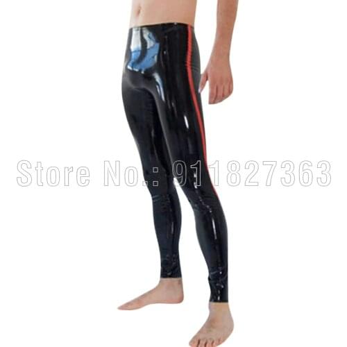 Handmade Black with Red Strips Latex Leggings Pants Black and Red High Waist Tight Trousers w/o Zipper Customized