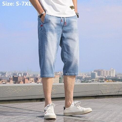Jeans Men Shorts Blue Sretched Loose Middle Waist Plus Size Large 6XL 7XL Summer Elastic Casual Denim Trousers Half Streetwear
