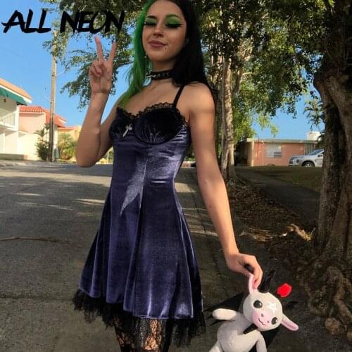 ALLNeon E-girl Aesthetics Ruffles Lace Trim Velvet Dresses Mall Goth Y2K A-line Straped Backless Cami Dress Grunge Punk Outfits