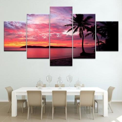Coconut Thailand Beach Sunset Red and Purple Wall Art Landscape Painting for Living Room Printed 5 Panels Artwork Free Shipping