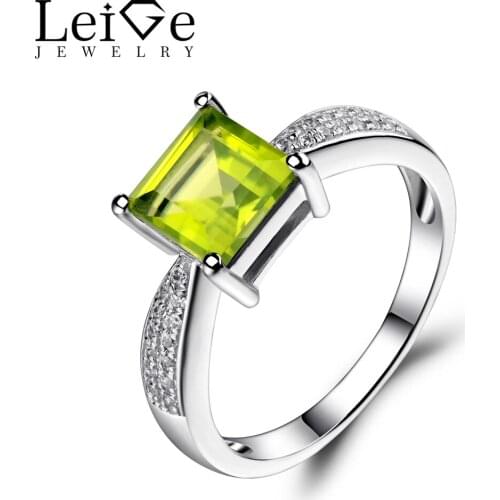 Leige Jewelry Natural Green Peridot Ring for Women 925 Sterling Silver Jewelry Square Cut Gemstone Engagement Promise Rings